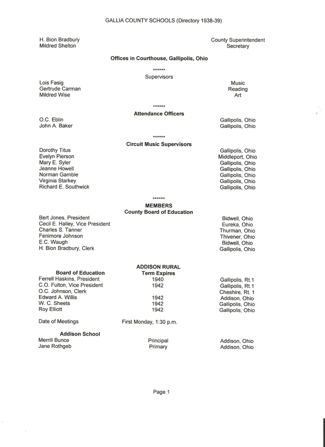 Introduction to Gallia County Schools  Directory 1938-39