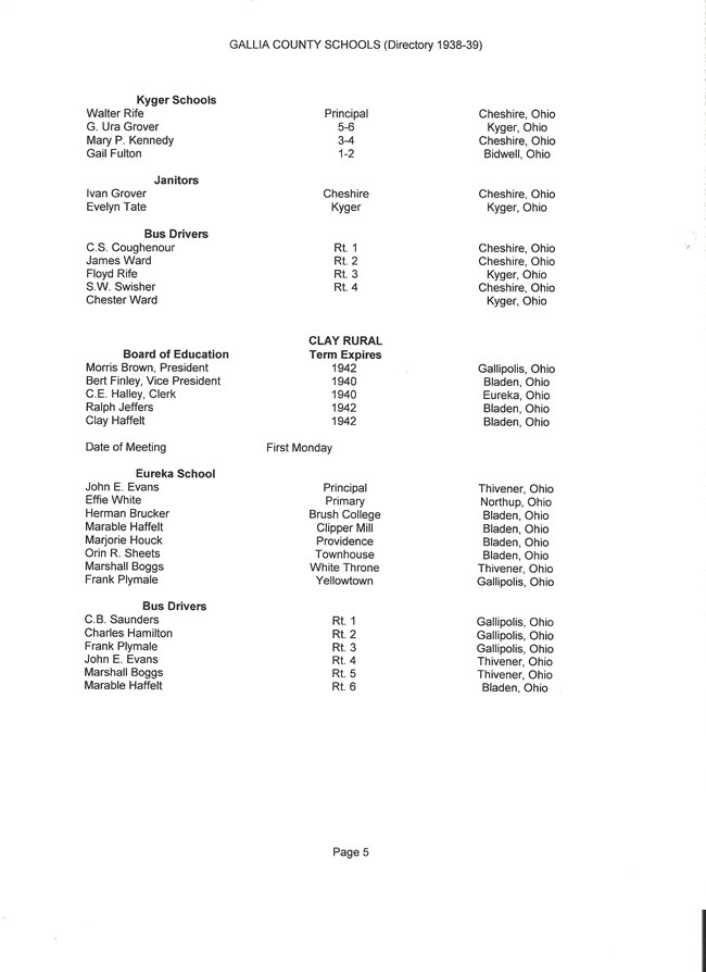 Gallia County Schools Directory 1938-39