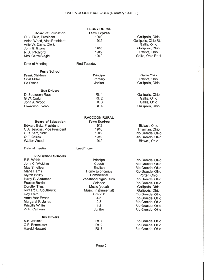 Gallia County Schools Directory 1938-39